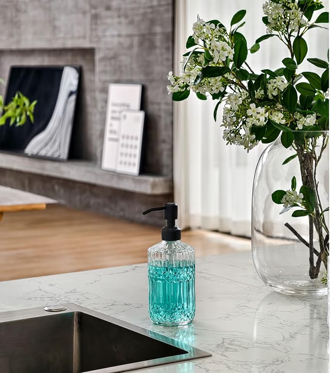 JASAI 18Oz Clear Glass Soap Dispenser with Black Rust Proof Pump | Refillable Kitchen soap Dispenser Thick Glass, Soap Dispenser Bathroom for Hand soap, Dish Soap, Lotion, Body Wash.