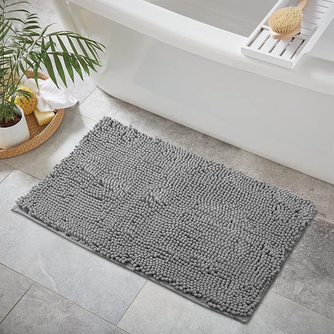 LuxUrux Chenille Bath Mat – Bath Rug 30”x20”, Soft Plush and Absorbent Microfiber Bathroom Floor Mat, Non-Slip, Quick Dry, Machine Washable Rug for Shower or Tub, Light Grey