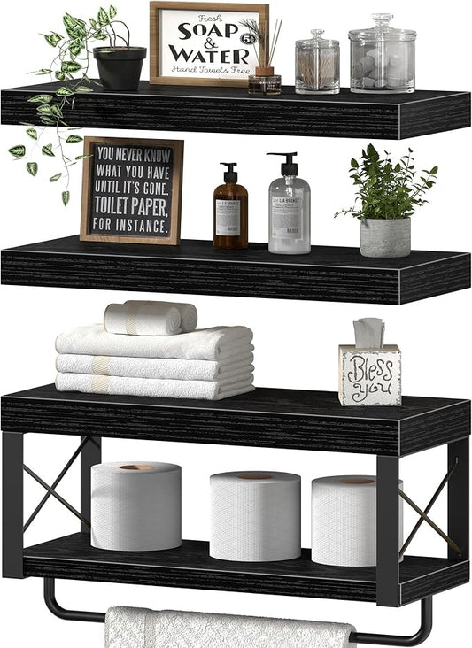 QEEIG Bathroom Shelves Over Toilet - Floating Shelf for Wall Toilet Paper Storage Farmhouse 16 inch Set of 3, Black (029-40B3)