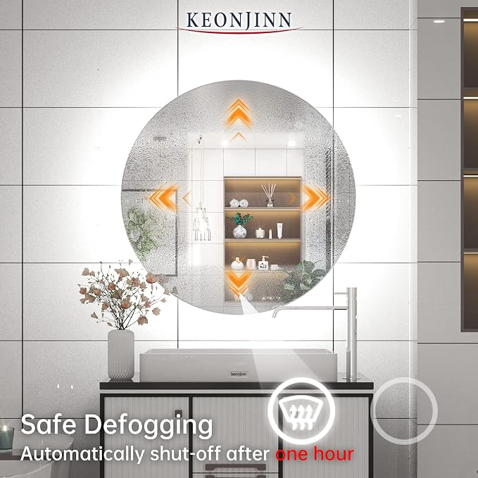 Keonjinn 28 Inch Round LED Mirror, Backlit Mirror Bathroom, 3 Color Lights | Explosion Proof Tempered Glass, Auto-OFF Defogging, Dimmable, Hardwired/Plug in, Circle Makeup Vanity Mirror with Lights