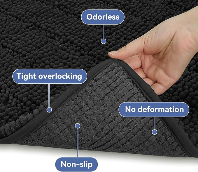 Bcoimo Small Bath Rug Mat,24x17 Chenille Non Slip Black Bathroom Floor Mats | Extra Soft Bathroom Rugs;Non Slip Rubber Back Bath Mats;High Absorbent & Quick Dry Microfiber mat;Machine Washable