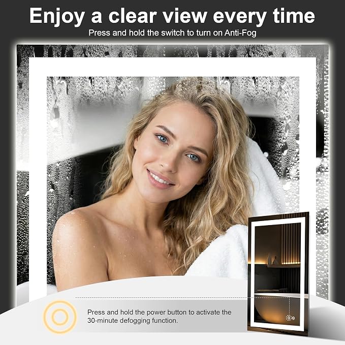 32x24 LED Bathroom Mirror with Lights, Lighted Vanity Mirror for Wall | Front and Backlit, Anti Fog, Dimmable 3 Color Lighting, Memory Function, Shatter Resistant Glass, Plug in or Hardwired