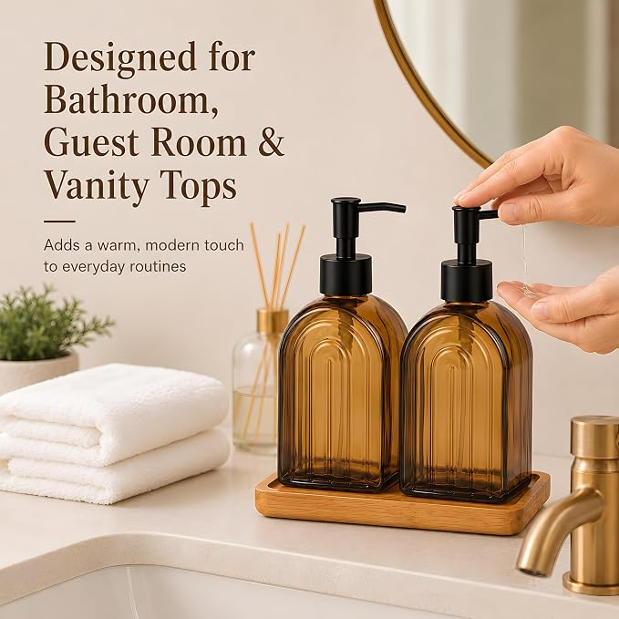 2 Pack Arch Glass Kitchen Soap Dispenser with Acacia Wood Tray, 11oz Amber Rainbow Decorative Hand Soap Dispenser with Rustproof Pump, Refillable Liquid Dispenser for Kitchen, Bathroom, Countertop