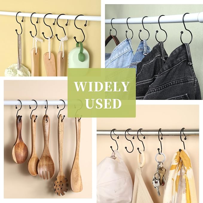 24 Pack Shower Curtain Hooks, Anti-Fall S-Shaped Shower Curtain Ring, Decorative Black Shower Curtain Hooks Rings Rust Proof Shower Rings for Curtain, Shower Hooks for Shower Curtain, Black