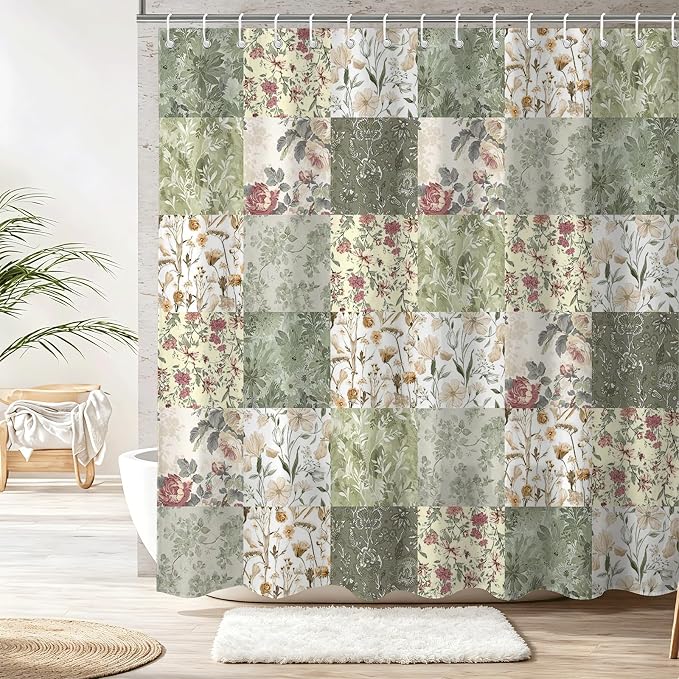 Shower Curtains for Bathroom, Boho Shower Curtain, Vintage Boho Green Floral Bathroom Decor Bath Curtain, Mid Century Waterproof Retro Farmhouse Patchwork Floral Shower Curtain, 72 X 72 Inches