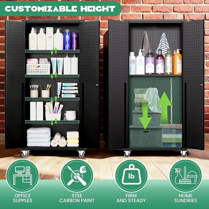 Garage Storage Cabinet System,Wall Cabinet & Locking Rolling Tool Cabinet with Doors and Adjustable Shelves