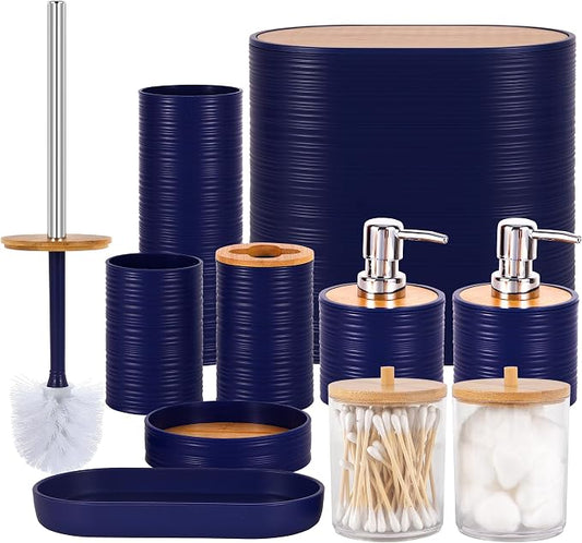 10 PCS Navyblue Bathroom Accessories Set with Trash Can Bathroom Accessory | All-in-One Kit with Trash Can,Toothbrush Holder,Soap Dispenser,Toothbrush Cup,Vanity Tray,Soap Dish,Toilet Brush etc for Home