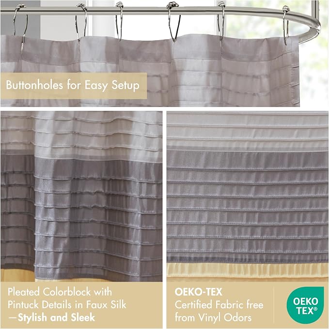 Madison Park Bathroom Shower Curtain, 72 x 84 Extra Long, Faux Silk, Yellow | Modern Classic, Light Sheen, Pieced, Striped, Microfiber, Machine Washable, OEKO-TEX Certified, Amherst