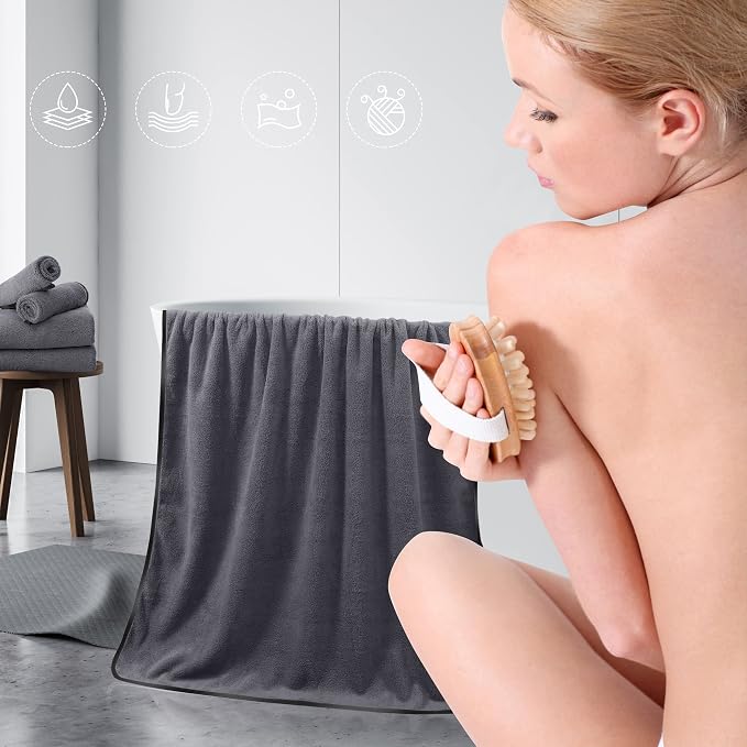 TENSTARS Luxury Silk Hemming Towel Set - Light Thin Quick Drying - 2 Bath Towels 2 Hand Towels 2 Washcloths - Ultra Soft Microfiber, for Bath Fitness, Sports, Yoga, Travel (Dark Grey 6 Pieces)