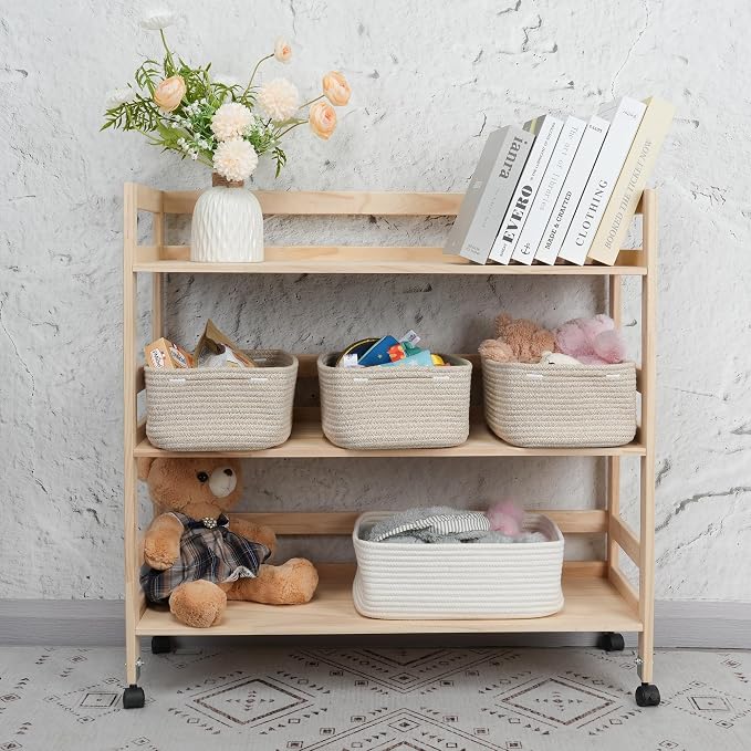 XUANGUO Small Woven Storage Baskets for Shelves, 12" x 8" x 5", Oatmeal | Decorative rope storage bins for closets and toy storage; cute organizer baskets, empty gift baskets and nursery storage.