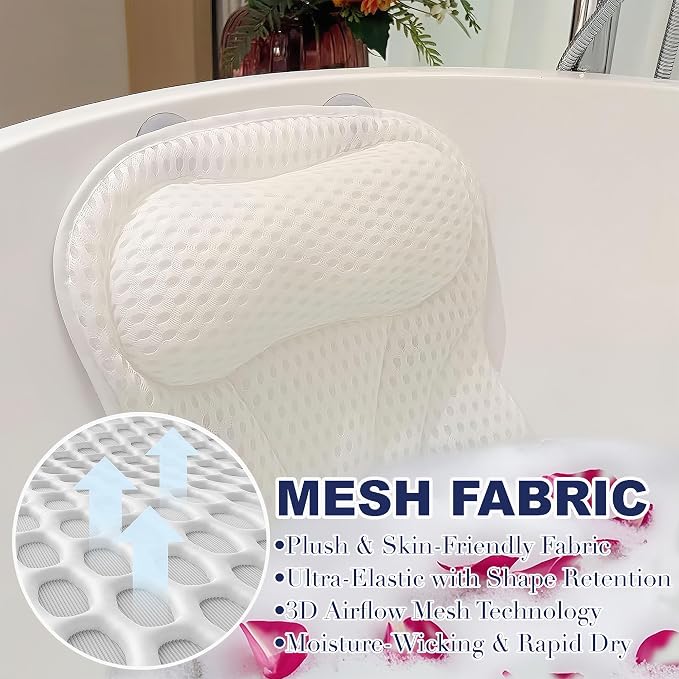 Luxury Bath Tub Pillows for Head and Neck, 4D Breathable Air Mesh Bath Pillow with Non-Slip Suction Cups, Ergonomic Back Support Spa Gifts
