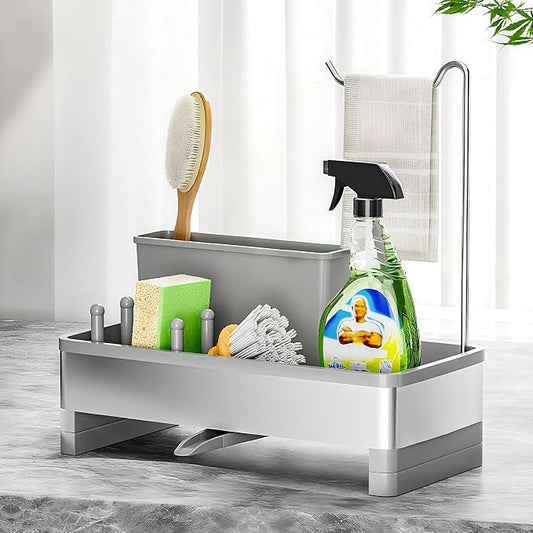 Ewaiira Sponge Holder for Kitchen Sink, Stainless Steel Sink Caddy | with Brush Holder & Dishcloth Rack, Countertop Sink Organizer, Soap Dispenser Kitchen Organizers Storage (F-Gray 9.8″)