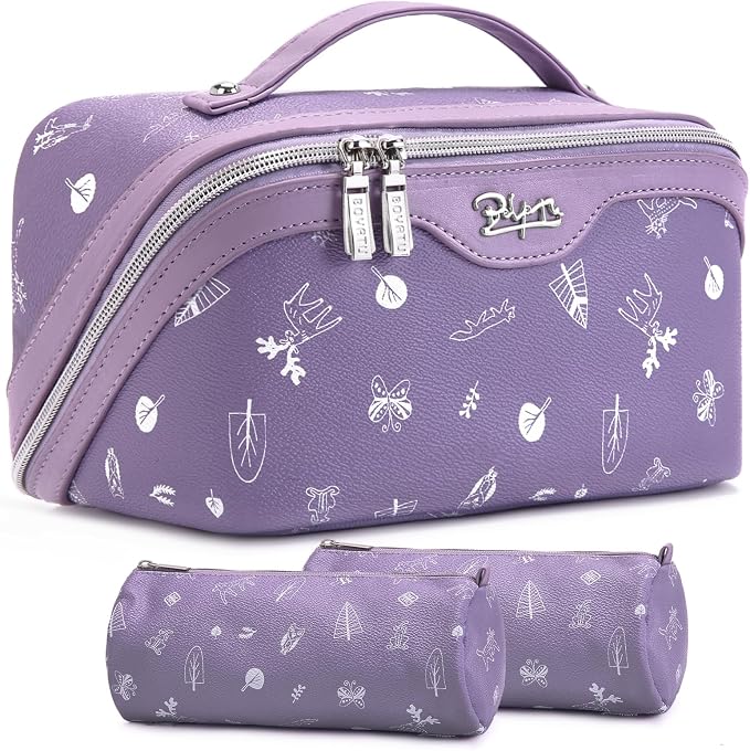 BOYATU Travel Makeup Bag Cosmetic Bags for Women: 3-Piece Makeup Bag Set | | Up to 20 3.4-oz Bottles | 180° Open-Flat Toiletry Organizer for Travel Essentials | Gift-Ready | (L-3-Lilac)