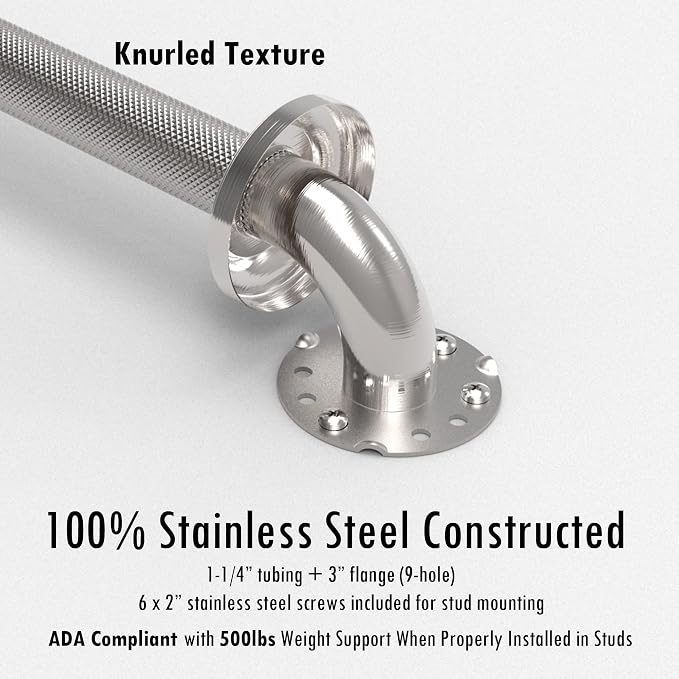 1-1/4 x 16inch Angled Grab Bar for Stud Mount with Knurled Grip, Bathroom Mobility Aid, ADA Compliant Heavy Duty 500lbs Support, Rustproof Stainless Steel (Brushed Nickel)