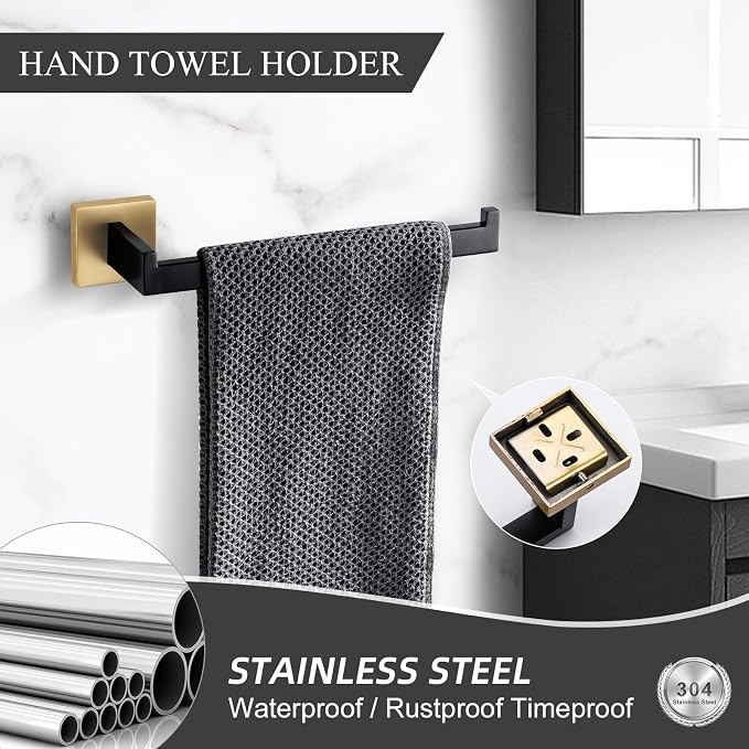 TURS 4-Piece Bathroom Hardware Set Brushed Gold and Black Towel Bar Set Include Towel Bar Hand Towel Holder Toilet Paper Holder with Shelf Robe Hook Stainless Steel Bathroom Accessories Sets
