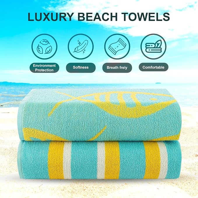 CASA COPENHAGEN Miami Towel 2Pcs Fish Cyan - Teal Stripe Designer Stripe Beach Towels Gift Set, 30"x60" Oversized 100% Cotton Pool Bath Towel for Beach Gift Set (Summer Gift Set for Women & Men)