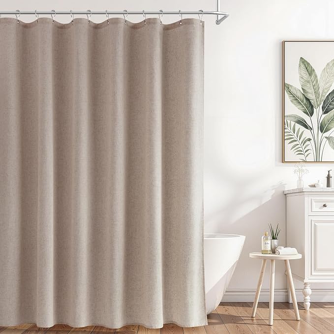 Linen Shower Curtain 78 Inch Long Shower Curtains Set with Hooks for Bathroom Boho Farmhouse Fabric Neutral Cloth Modern Cottage Core Waterproof,Sand Beige