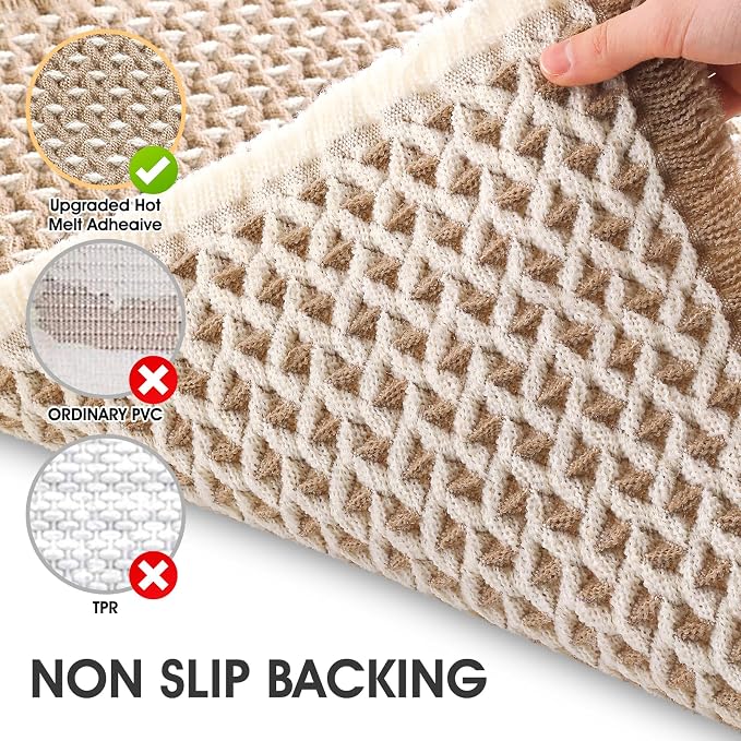 Waffle Bath Mat Beige & White 32"x20", Boho Woven Modern Bath Mat Rugs, Absorbent Non Slip Bathroom Rugs, Soft Washable Bath Rugs with Tassels for Bedroom, Kitchen, Shower, Tub