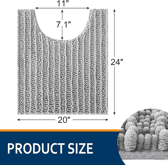 Smiry Bathroom Toilet Rugs U Shaped 24X20, Chenille Bath mats for Toilet | Light Grey Extra Soft Absorbent Non Slip Rubber Backing Contour Bath Rugs for Toilet, Machine Washable Contoured Bath Mats