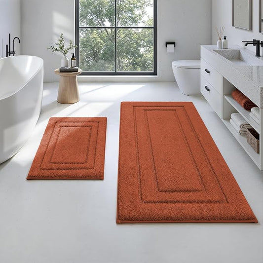 HOMEIDEAS Bathroom Rugs Sets 2 Piece, Super Soft and Absorbent Non Slip Microfiber Machine Washable Bath Mat Set (20" x 47" + 16" x 24", Burnt Orange)