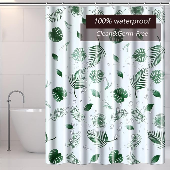 TIKABC Shower Curtain Liner, 4G PEVA Green Leaf Shower Liner, Plastic Waterproof Shower Curtains, 72x72 inch with Grommet Holes 3 Magnetic Weights