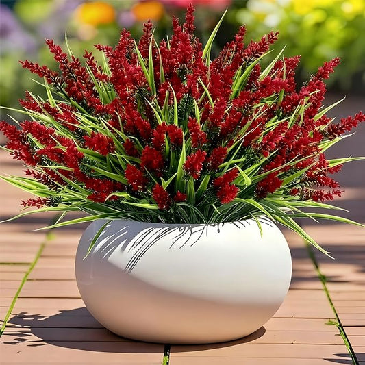Geegoods 24 Bundles Red Artificial Plants Flowers Outdoor, UV Resistant | Faux Plants with Monkey Grass, Realistic Plastic Flowers for Garden Porch Window Box Patio Hanging Planter Decor