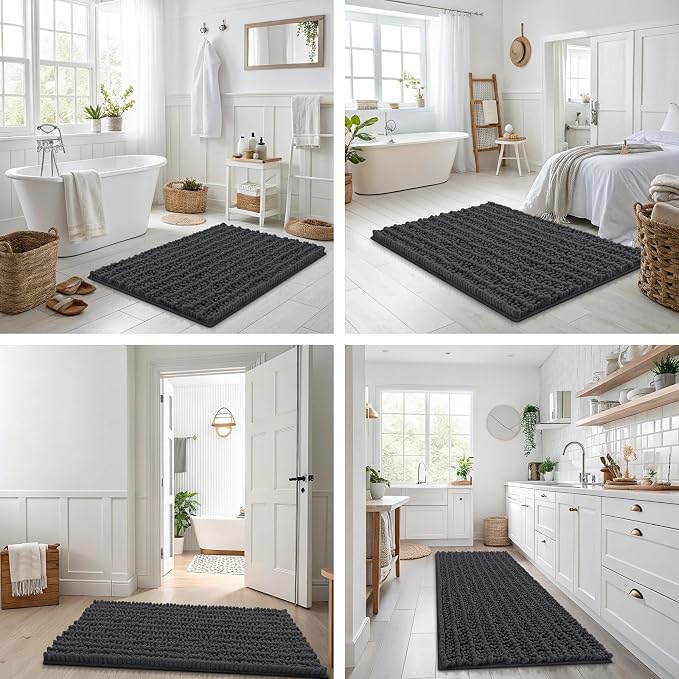 Smiry Bathroom Rugs 59X35, Extra Soft Rubber Backing Chenille Bath Mats | Dark Grey Machine Washable Non Slip Quick Dry Bath Mats for Bathroom Floor, Tub, Shower, Home Decor Accessories