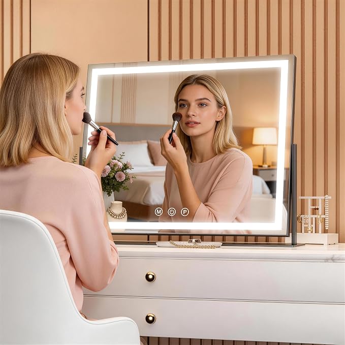 Hasipu Vanity Mirror with Lights, 24.2" x 19.7" LED Makeup Mirror, Light up Mirror with 10X Magnification, Smart Touch 3 Colors Dimmable, Brightness Adjustment, 360° Rotation (Right Angle Black)