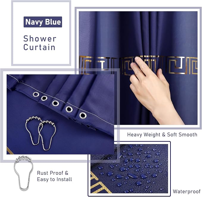 XLHOMO Bathroom Sets with Shower Curtain and Rugs Bathroom Accessories Set Navy Blue Bathroom Set,Soap Dispenser & Toilet Brush Holder Set with Stainless Steel Trash Can