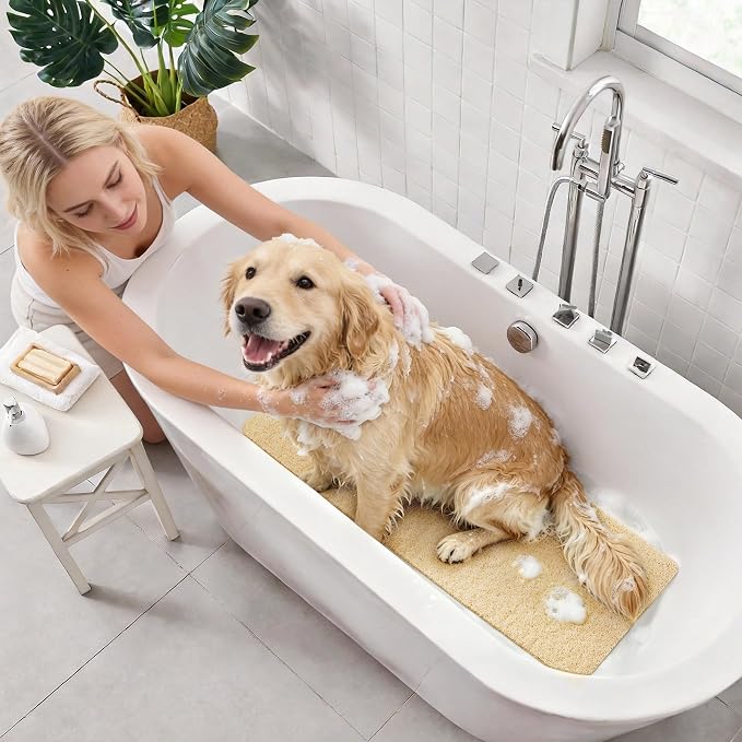 Soft Textured Bath, Shower, Tub Mat, 47x16 Inch, Phthalate Free, Non Slip Comfort Bathtub Mats with Drain, PVC Loofah Bathroom Mats for Wet Areas, Quick Drying