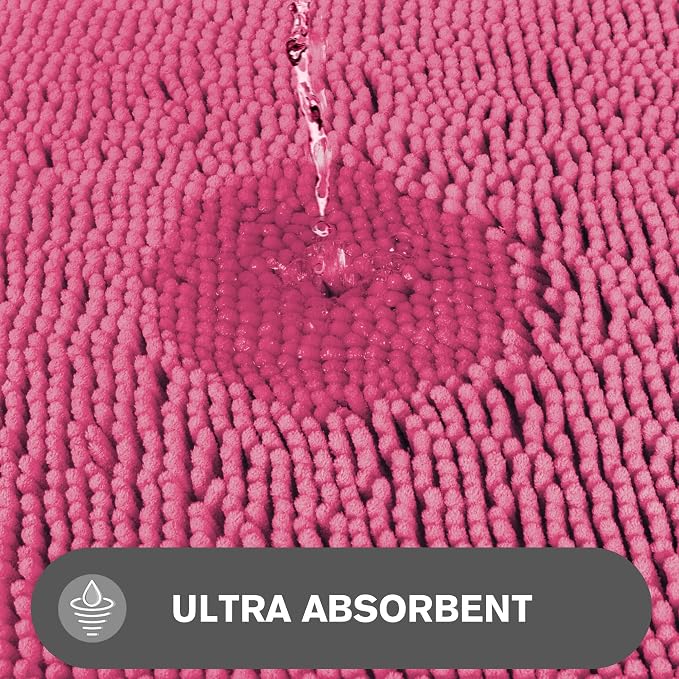 Hot Pink Bathroom Rugs – Absorbent and Washable Bath Mat, Non-Slip, Thick Soft Chenille Bath Rugs for Bathroom Floor, Shower, Sink - 17" x 24"