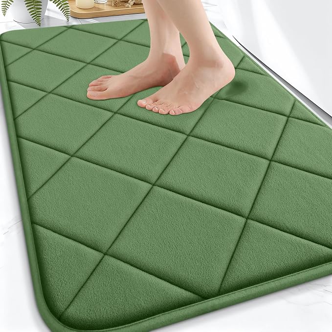 OLANLY Memory Foam Bath Mat 30x20, Ultra Soft and Absorbent Bathroom Rugs | Olive Green, Quick Dry, Machine Washable Shower Bath Rugs, Comfortable Bath Carpet for Bathroom Floor, Tub and Shower