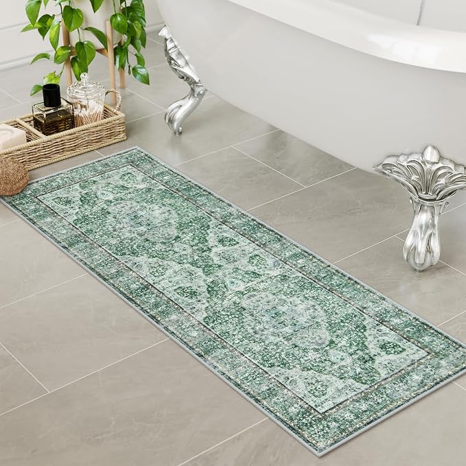 Uphome Green Bathroom Rugs, Distressed Farmhouse Boho Bath Mat, Non Slip Washable Soft Velvet Bath Mats for Bathroom Floor, Vintage Traditonal Bath Runner for Bathtub Sink Shower, 18x47 inch
