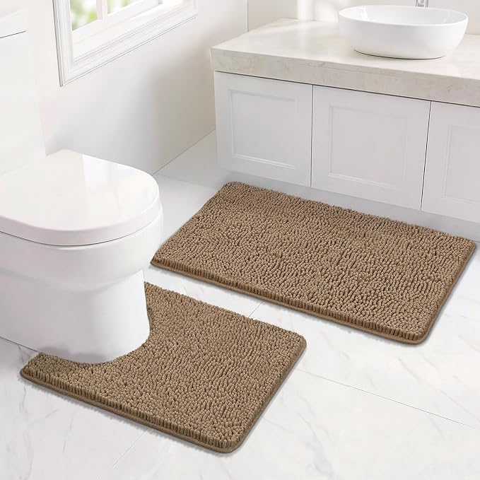 Bcoimo U Shaped Bath Rug Mat Set,2 Piece Chenille Latte Toilet Bathroom Rug | Extra Soft Bathroom mat set;Non Slip with Rubber Back Bath Mats;High Absorbent And Quick Dry Microfiber mat; Machine Washable