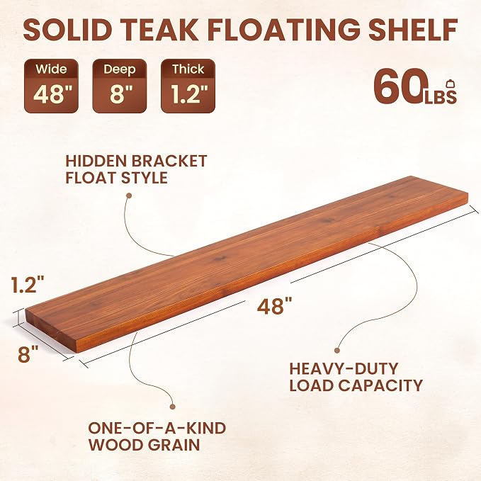 48" Solid Teak Floating Wall Shelf, Water Resistant & Sturdy Decor | Natural Teak Wood, Large Wall Storage & Decor, Fits Living Room, Bedroom, Kitchen & Bathroom