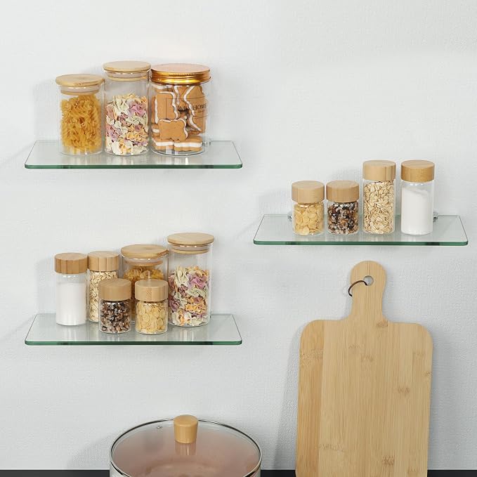 SAYAYO Glass Floating Shelves for Wall, Tempered Glass Shelves for Bathroom | Living Room, Bedroom, Office, Toilet, Kitchen Decor, 12 Inch Set of 3, Clear