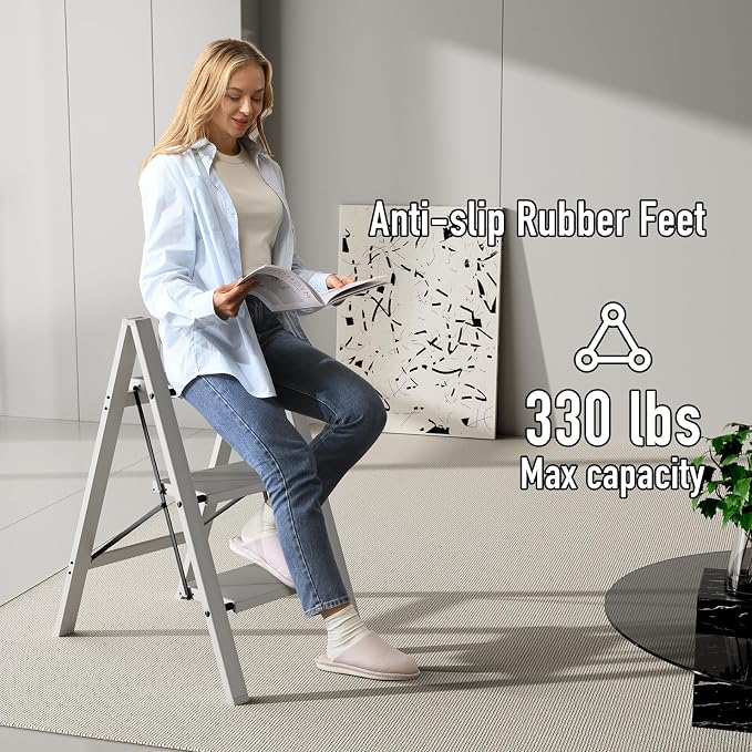 Mayi Plus 3 Step Stool Foldable, Aluminum, Lightweight Step Ladder | Extra-wide anti-slip folding steps with 330 lbs, for home,kitchen,office,outdoor,Grey