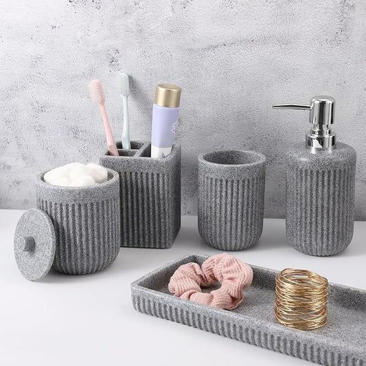 XLHOMO Resin Grey Bathroom Accessories Set 5 Pcs, Lotion Soap Dispenser, Toothbrush Holder, Bathroom Tumbler, Qtip Holder and Vanity Tray, Bathroom Countertop Organizer Set for Modern Home Apartment