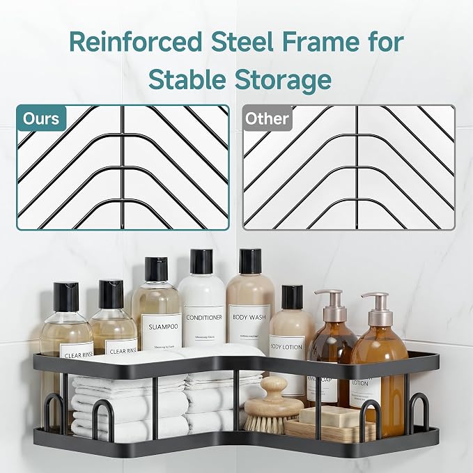 Veken Corner Shower Caddy 3-Pack, Advanced Rustproof Design&Stable Storage | No Drilling Adhesive Shelves, Rack with Soap Holder & Hooks, Thickened Metal Frame, Bathroom Organizers and Storage, Black