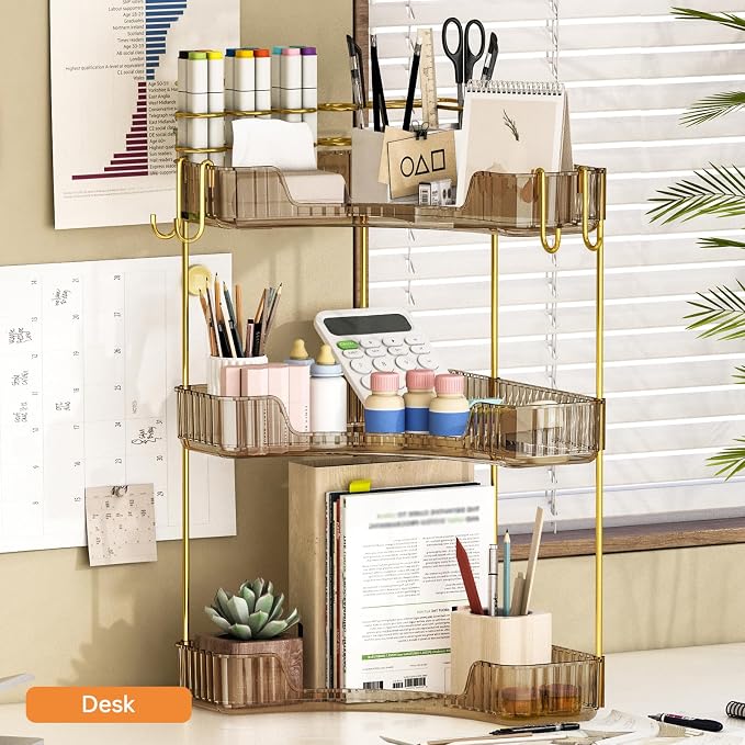 3-Tier Corner Bathroom Counter Organizer，Makeup & Skincare Shelf with Built-in Brush Holder，Space-Saving Bathroom Countertop Organizer for Skincare, Perfume, Cosmetics(Amber)
