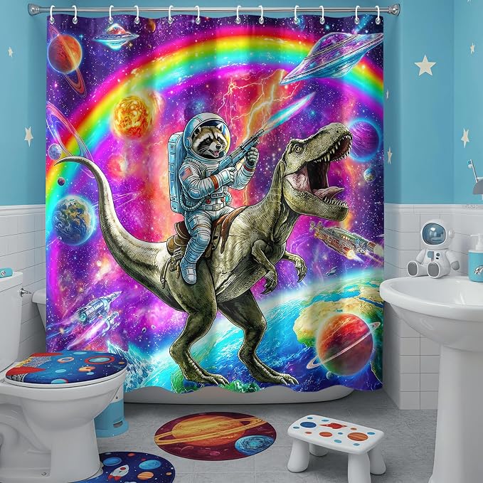 Accnicc Space Raccoon Dinosaur Shower Curtain for Bathroom 72 X 72 Inch | Funny Cool Animal Dino Shower Curtains, Fantasy Galaxy Kids Bathroom Curtain Decor, Water-Resistant Washable Polyester Fabric