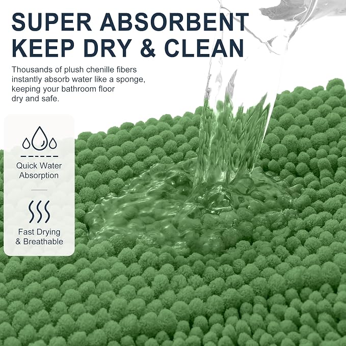 Smiry Thick Chenille Bathroom Rugs 36x24, Absorbent Bath Mat, Olive Green | Quick‑Dry & Machine Washable, Non‑Slip Bath Carpet, Soft Striped Bath Rugs for Tub & Shower, Modern Home Decor Accessories