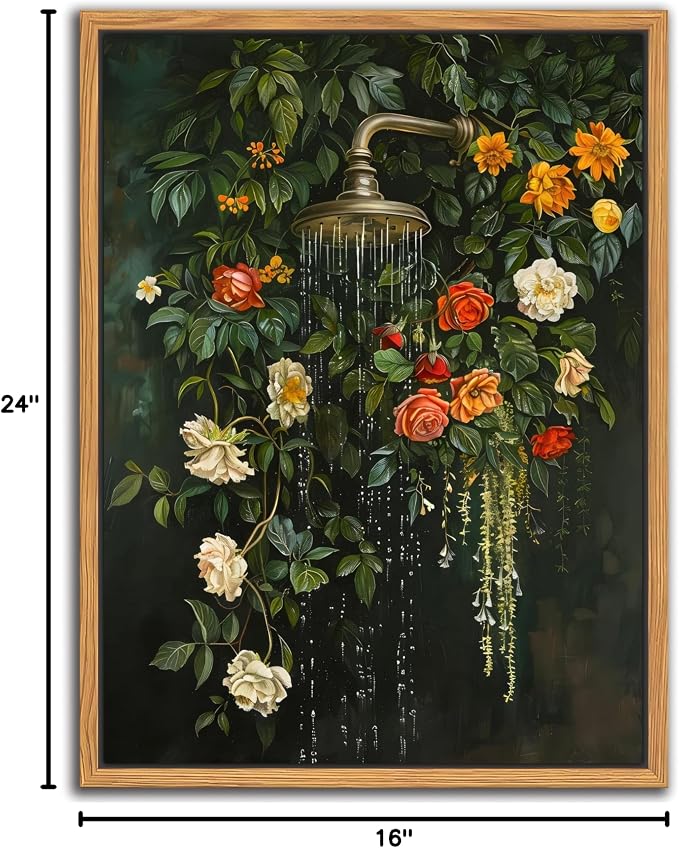 Floating Framed Floral Shower Wall Art, Vintage Botanical Flower Canvas Print, Romantic Garden Roses and Waterfall Painting, Nature Inspired Bathroom Wall Decor for Home Living Room 16x24 inch