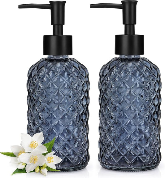 2 Pack Gem Glass Soap Dispenser with Black Plastic Pump, 13oz Liquid Hand Soap Dispenser, Rustproof Pump for Kitchen & Bathroom, Great for Lotions, Essential Oil, Liquid Soaps-Grayish Blue