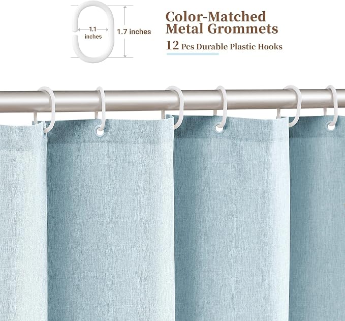 72x80 Boho Scalloped Linen Textured Cloth Shower Curtain Set, Fog Blue | Long Size, 230GSM Waterproof Polyester, Heavy Duty Fabric, 12 Plastic Hooks, Elegant Modern Farmhouse Style, Machine Washable