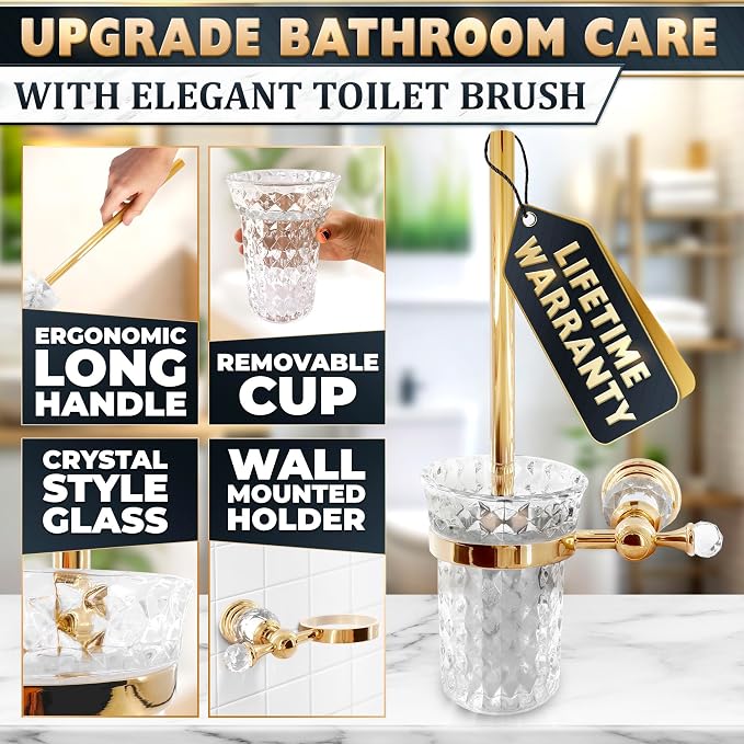 Wall-Mounted Toilet Brush and Holder Set, Clear Bowl (Gold Crystal) | Toilet Bowl Brush and Holder Set, Polished Gold Handle, Space-Saving Wall Mount, Stainless Steel Body, for Elegant Bathrooms