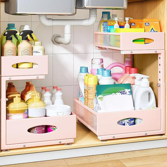 Under Sink Organizer, 2 Tier Pull Out Under Cabinet Organizer Shelf with Pad for Framed Cabinets, Metal Slide Out Under Sink Storage, Mesh Sliding Drawers for Kitchen Bathroom Laundry(Pink, 1 Pack)