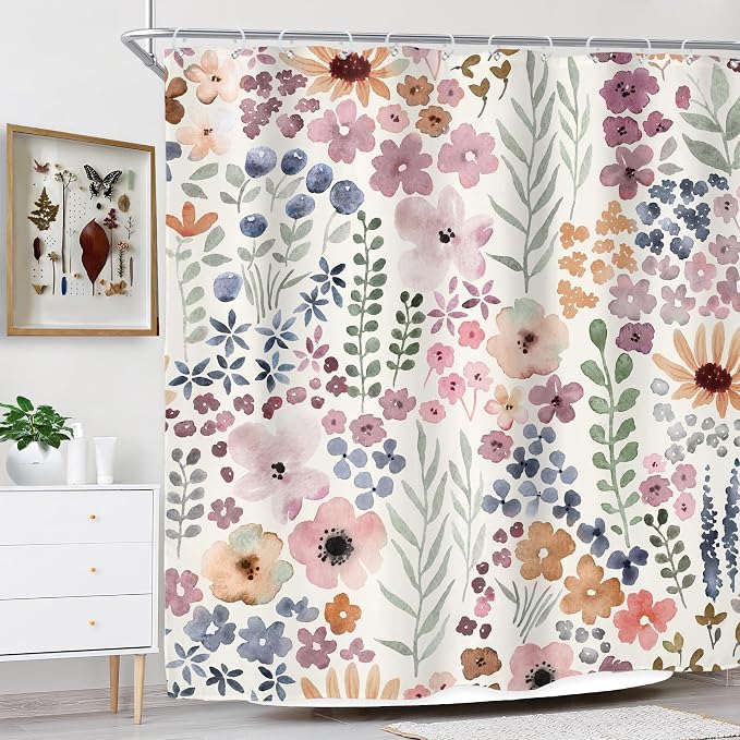 Extra Long Cute Boho Wildflower Watercolor Kids Bathroom Shower Curtain Set | 72"W x 84"H Leaves Girls; waterproof HD print, quick-dry fabric with 12 hooks for easy hanging.