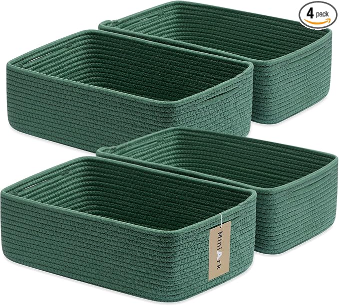 MiniArk Large Shallow Organizing Baskets 15x11x5.1 Inches - Rope Woven Storage Bins for Bathroom, Shelves, Cube Closet, Green 4 Packs