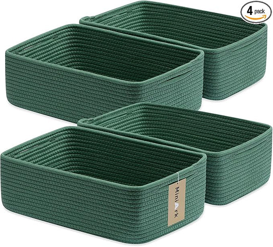 MiniArk Large Shallow Organizing Baskets 15x11x5.1 Inches - Rope Woven Storage Bins for Bathroom, Shelves, Cube Closet, Green 4 Packs